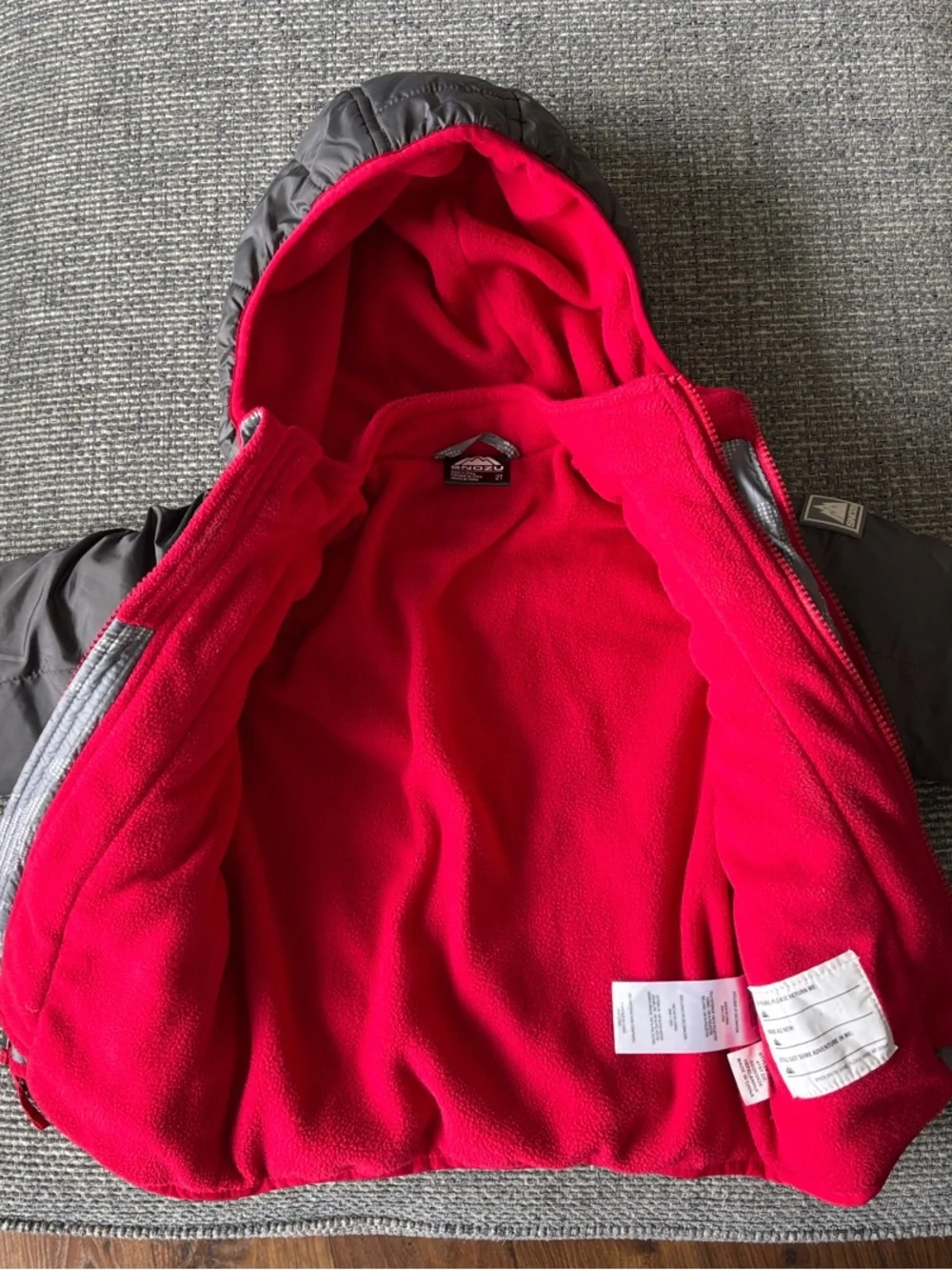 Snozu Toddler Gray + Red Double-Zip Puffer Jacket w/ Full Fleece Lining | Sz 2T